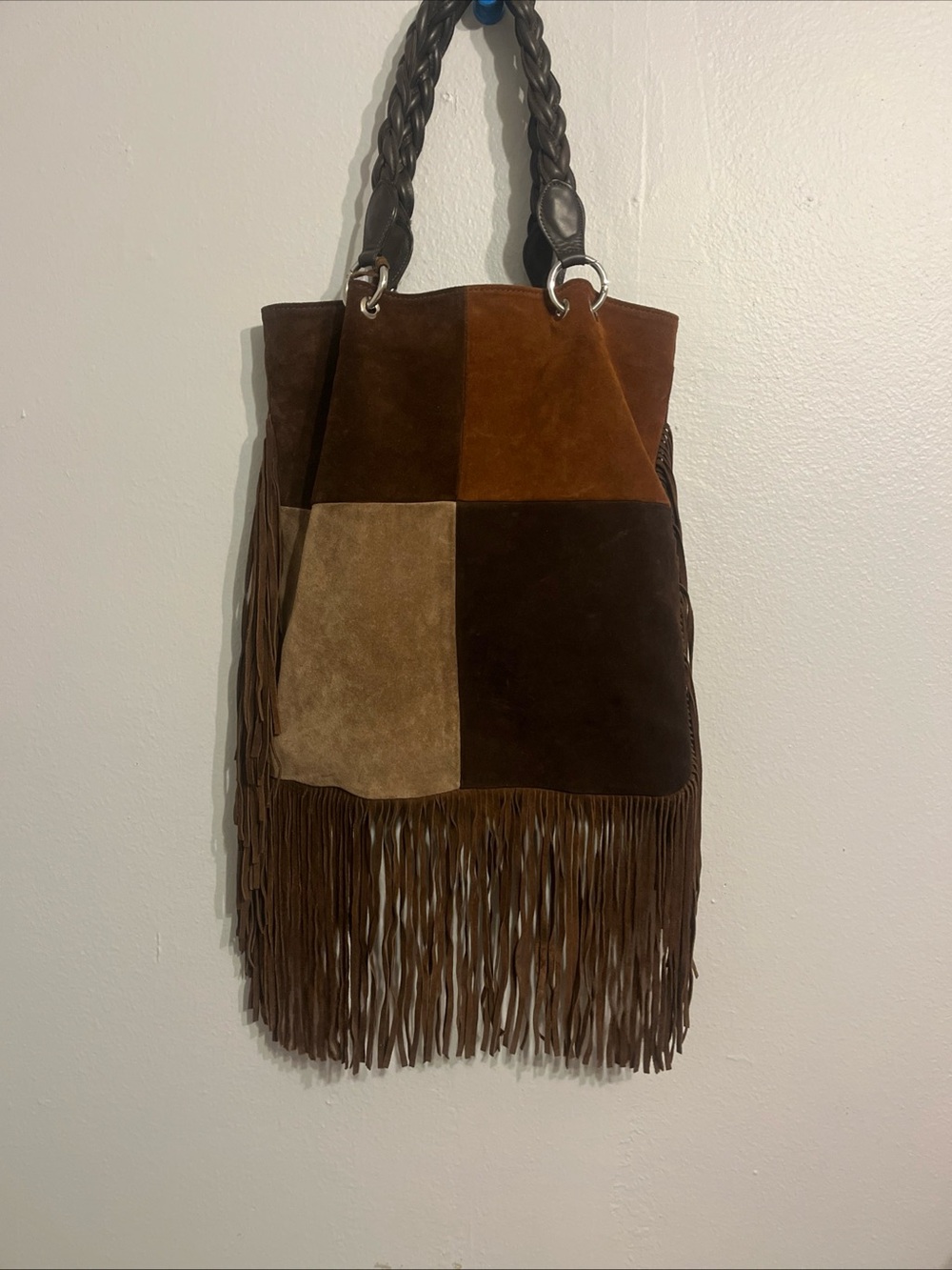 Leather Fringe Patchwork Tote Bag in Brown